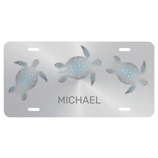 Modern Silver Turquoise Sea Turtles Personalize License Plate (Front)