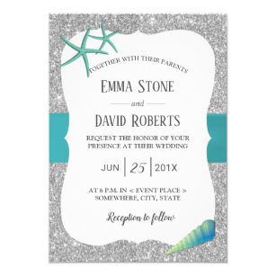 turquoise silver starfish invitation modern beach