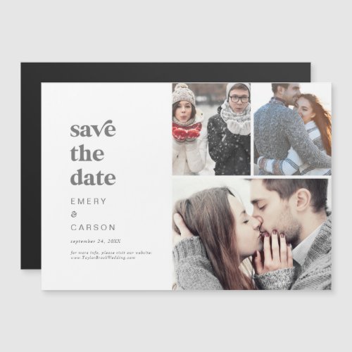 Modern Silver Typography 3 Photo Save the Date Magnetic Invitation