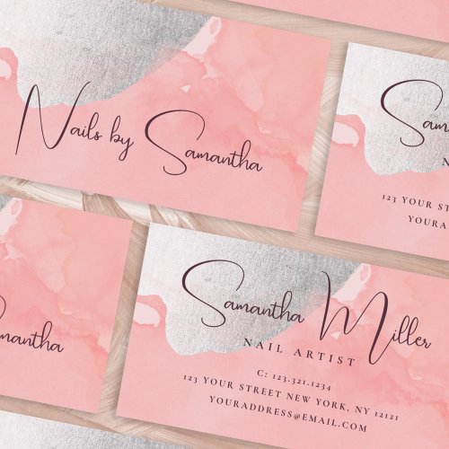 Modern silver watercolor nails business card