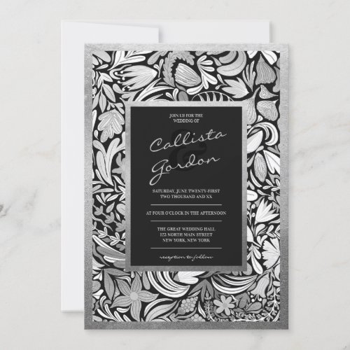 Modern Silver White Black Floral Botanical Wedding Invitation