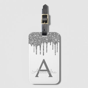 Modern Silver White Glitter Sparkle Monogram Luggage Tag