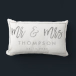Modern silver white Mr and Mrs wedding keepsake Lumbar Pillow<br><div class="desc">Modern chic silver foil Mr and Mrs wedding keepsake names with a faux silver calligraphy script,  add your names and your wedding date with a geometric frame border,  the white color background is fully editable.</div>