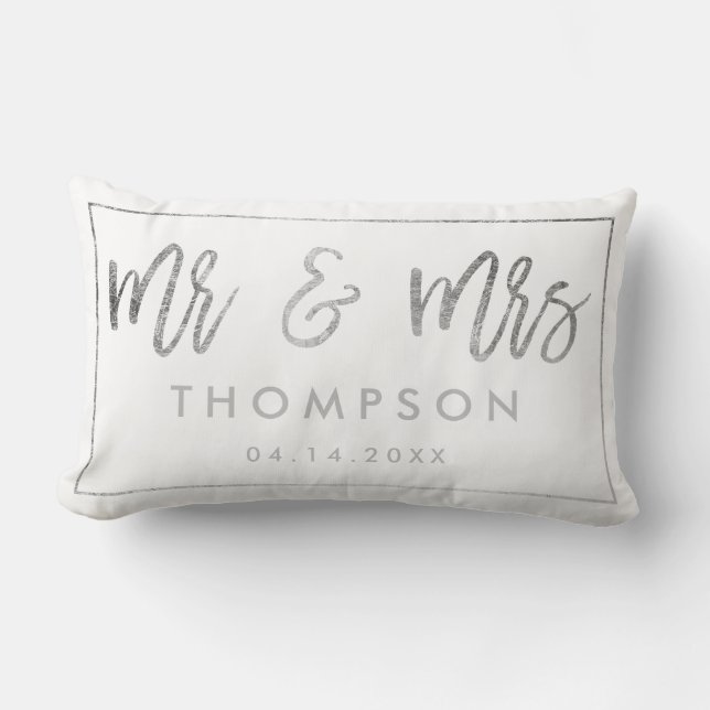 Modern silver white Mr and Mrs wedding keepsake Lumbar Pillow (Front)