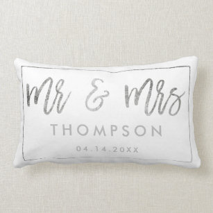 Modern silver white Mr and Mrs wedding keepsake Lumbar Pillow
