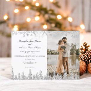 Modern silver winter snow script 1 photo wedding invitation