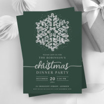 Modern Silver Winter Snowflake Christmas Green Invitation