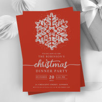 Modern Silver Winter Snowflake Christmas Red  Invitation