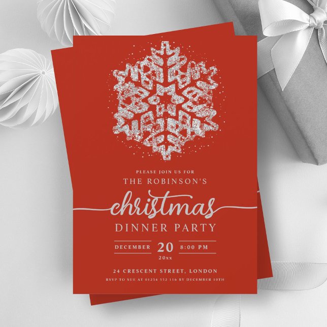 Modern Silver Winter Snowflake Christmas Red  Invitation (Modern Silver Winter Snowflake Christmas Red Invitation)