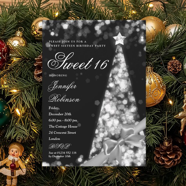 Modern Silver Xmas Tree Ribbon Sweet 16 Birthday  Invitation (Modern Silver Xmas Tree Ribbon Sweet 16 Birthday Invitation)