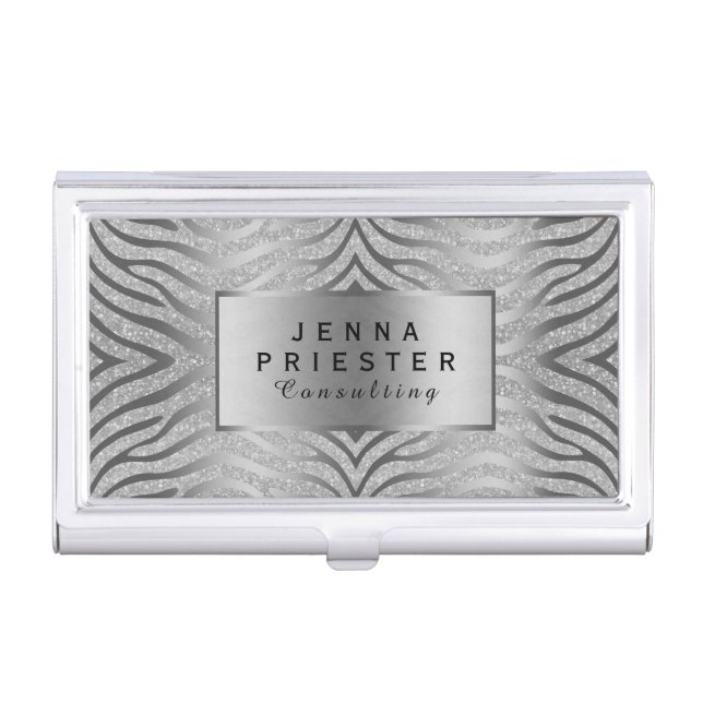 Modern Silver Zebra Stripes & White Glitter Business Card Holder (Front)