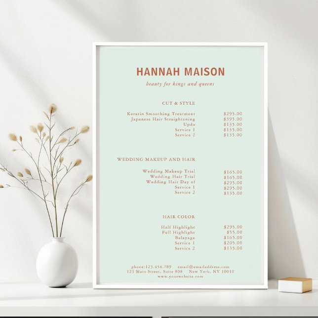 Modern Simpel, Professional, Salon, Price List Poster (Modern, Simple, Professional, Salon, Green & Orange-Brown, Price List Poster, for Service Providers.)