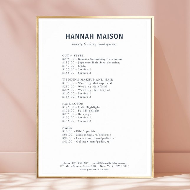Modern Simpel, Professional, Salon, Price List Poster (Modern Simpel, Professional, White & Blue, Salon, Price List Poster)