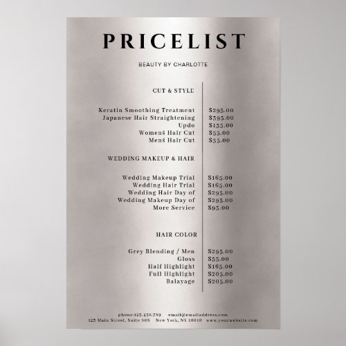Modern Simpel Silver Salon Price List Poster