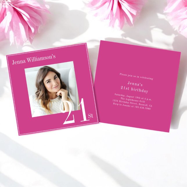 Modern simple  21st birthday invitation (beautiful pink 21st birthday invitation with a photo in a minimalistic design)