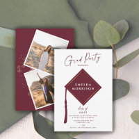 Modern Simple 2 Photo Burgundy Graduation Party Invitation