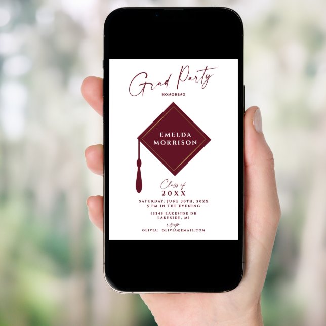 Modern Simple 2 Photo Burgundy Graduation Party Invitation (Front Digital)