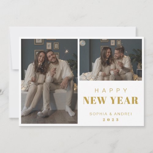 Modern Simple 2 Photo Collage Gold New Year Holiday Card