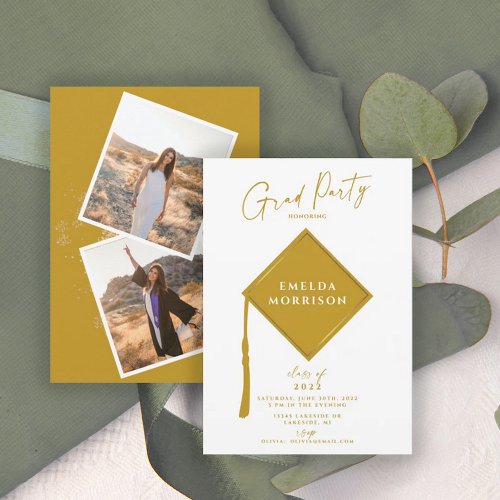 Modern Simple 2 Photo Gold Graduation Party  Invitation