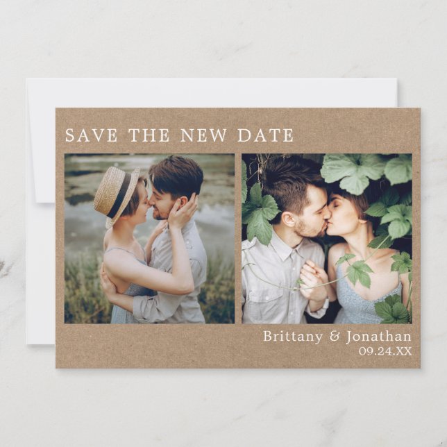 Modern Simple 2 Photo Save The New Date Kraft Card (Front)