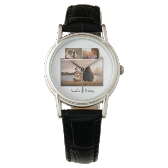 Modern Simple 3 Photo Collage Name Watch (Front)