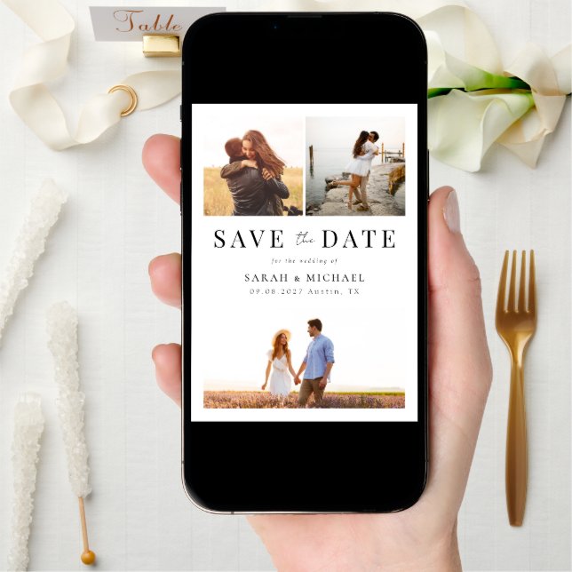 Modern Simple 3 Photo Collage Wedding Save The Date (Front Digital)