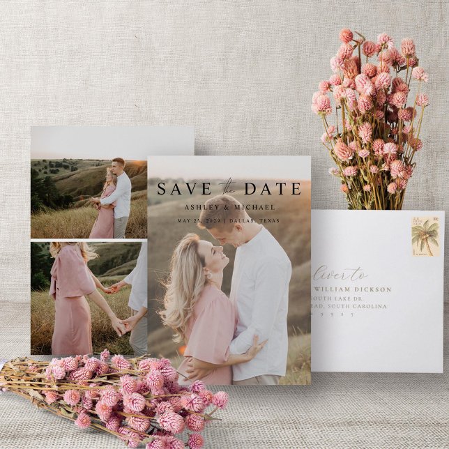 Modern Simple 3 Photo Elegant Script Engagement Save The Date (Save the Date!)