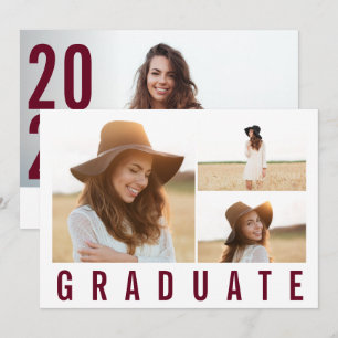 Modern simple 3 photo graduation simple burgundy a announcement