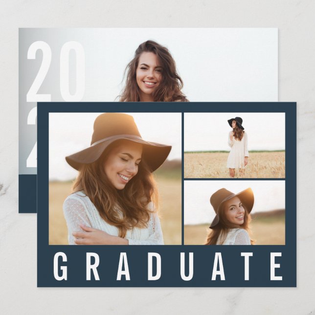 Modern simple 3 photo graduation simple navy blue  announcement (Front/Back)