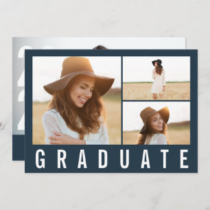 Modern simple 3 photo graduation simple navy blue announcement