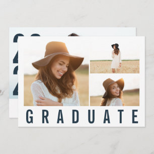 Modern simple 3 photo graduation simple navy blue announcement