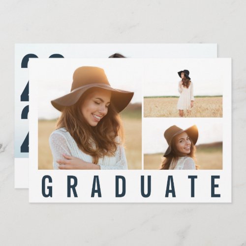 Modern simple 3 photo graduation simple navy blue announcement