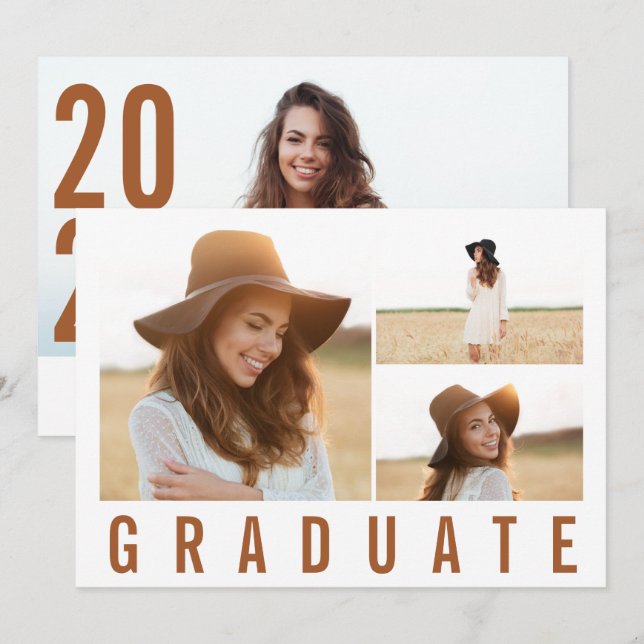 Modern simple 3 photo graduation simple terracotta announcement (Front/Back)