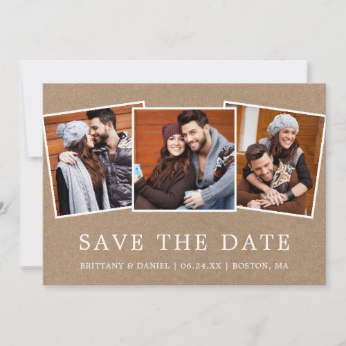 Modern Simple 3 Photo Save The Date Kraft