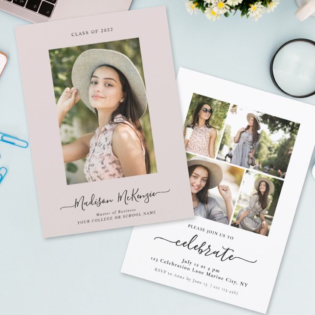 Modern Simple 5 Photo Calligraphy Easy Graduation  Invitation (Creator Uploaded)