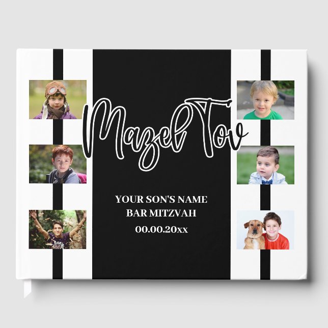 Modern simple 6 photo mazel tov bar mitzvah boys guest book (Front)