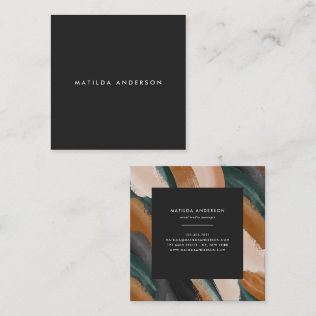 Modern simple abstract black green terracotta square business card (Front/Back)