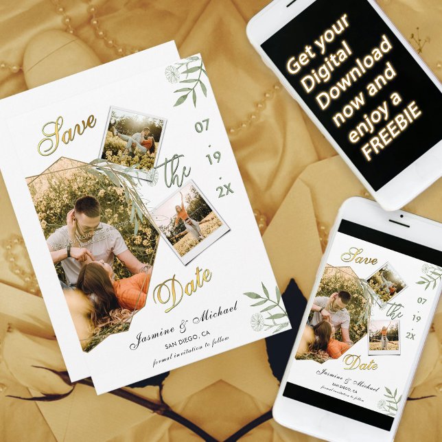Modern Simple Add Photos Sage Green Elegant Gold Save The Date (Creator Uploaded)