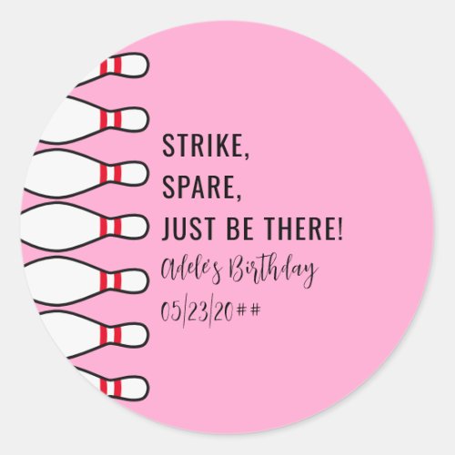 Modern Simple Any Age Pink Bowling Birthday Party Classic Round Sticker