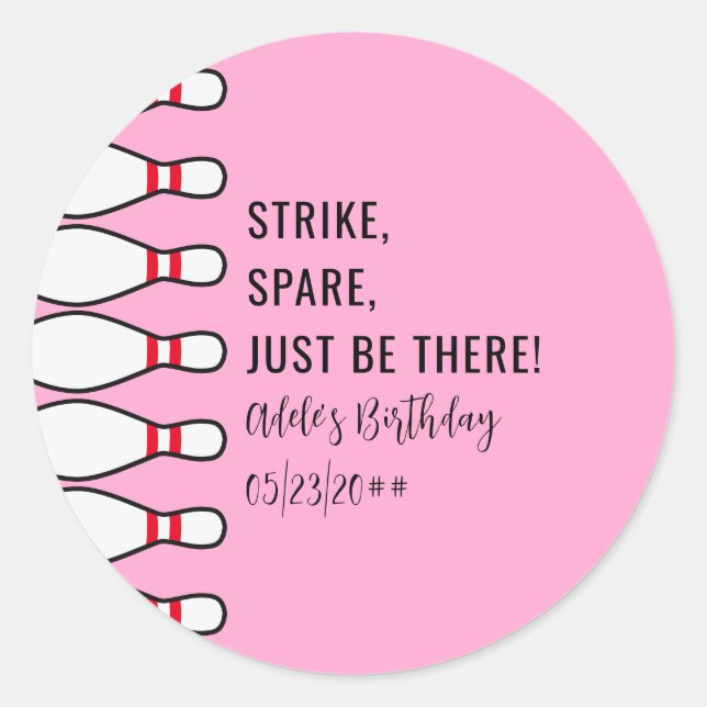 Modern Simple Any Age Pink Bowling Birthday Party Classic Round Sticker (Front)