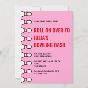 Modern Simple Any Age Pink Bowling Birthday Party Invitation