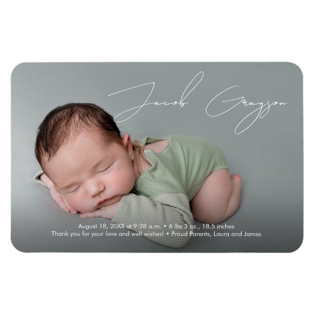 Modern Simple Baby Boy Name Script Photo Birth Magnet (Horizontal)