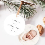 Modern Simple Baby First Christmas Baby Photo Ceramic Ornament<br><div class="desc">A Modern Simple Baby First Christmas Baby Photo Ornament features minimalist type on the front in black and white and newborn photo on the back. Click the edit button to customize this design with your details and photo.</div>