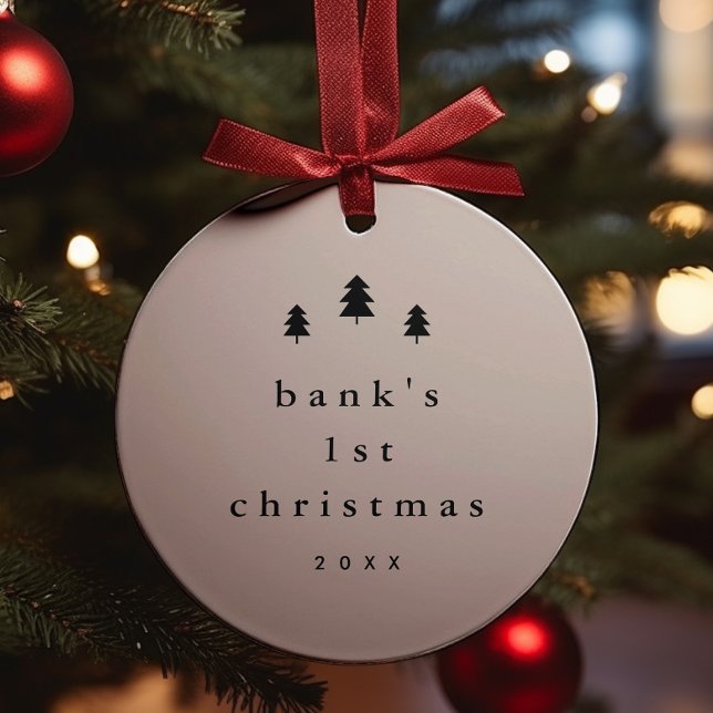 Modern Simple Baby First Christmas Tree Photo Ceramic Ornament (Modern Black and White Baby Photo 1st First Christmas Tree Ornament.)