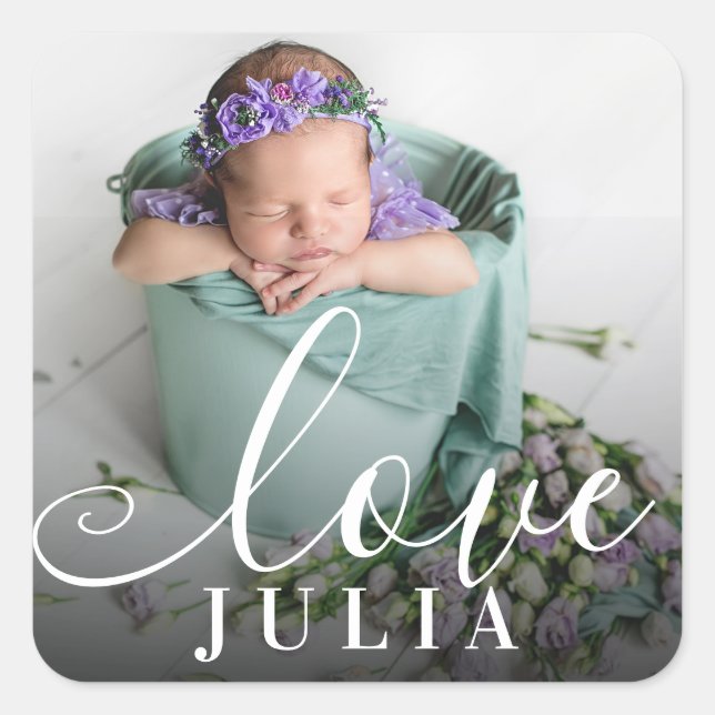 Modern Simple Baby Photo Script Love Square Sticker (Front)
