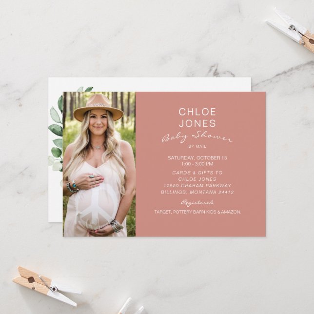 Modern Simple Baby Shower by Mail Photo Salmon Invitation (Front/Back In Situ)