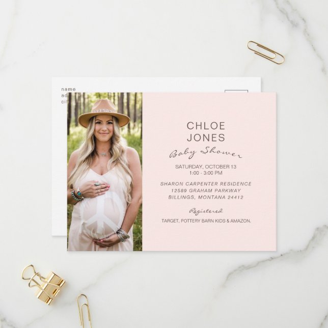 Modern Simple Baby Shower Photo Pink Champagne Invitation Postcard (Front/Back In Situ)