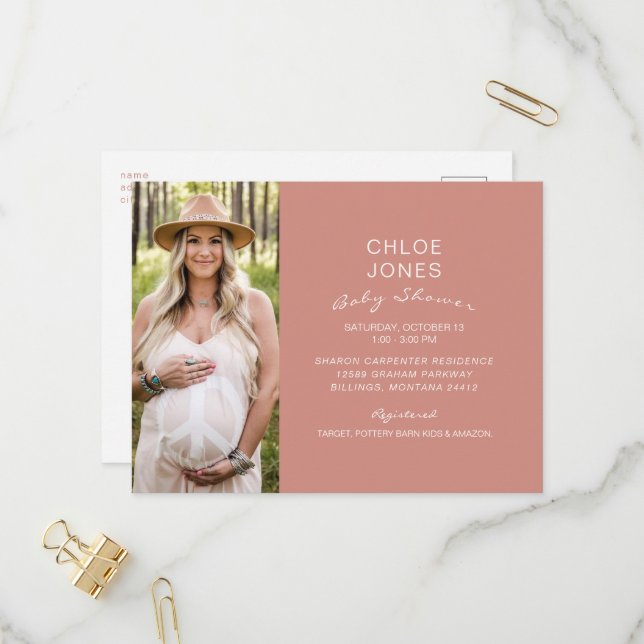 Modern Simple Baby Shower Photo Salmon Invitation Postcard (Front/Back In Situ)