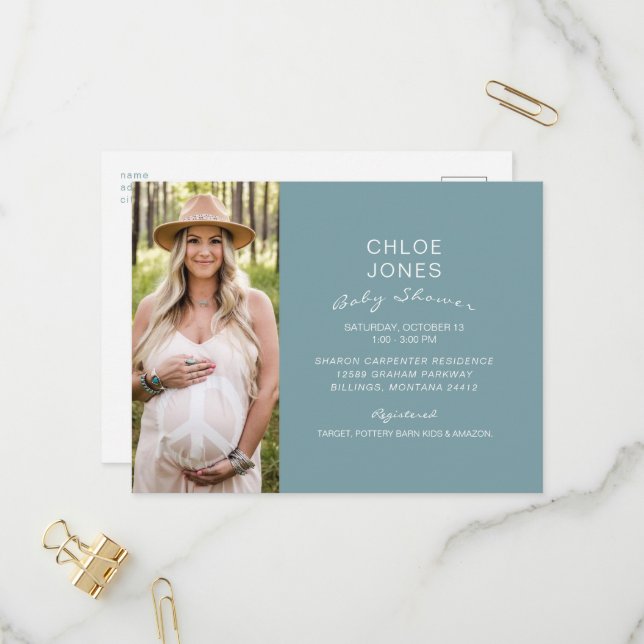 Modern Simple Baby Shower Photo Teal Invitation Postcard (Front/Back In Situ)