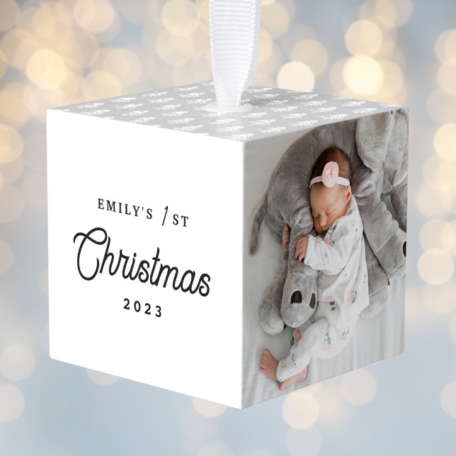 Modern Simple Baby's First Christmas Three Photo Cube Ornament (Creator Uploaded)